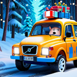** "Robocar Poli speeding through a snowy Swedish forest, rescuing a stranded Volvo. Christmas lights sparkle in the background. Style: Children's illustration, vibrant colors."

**