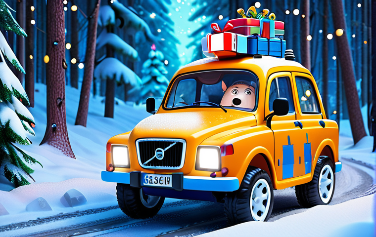 ** "Robocar Poli speeding through a snowy Swedish forest, rescuing a stranded Volvo. Christmas lights sparkle in the background. Style: Children's illustration, vibrant colors."
**