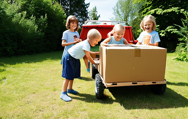 **
Prompt: A group of children enthusiastically playing "Robby Polis" in a sunny Swedish backyard. One child is dressed as Robby Polis, using a cardboard box as a car. Other children are pretending to be the other characters, engaging in a rescue mission. Emphasize the children's joy and teamwork. Swedish summer aesthetic, bright colors.
**