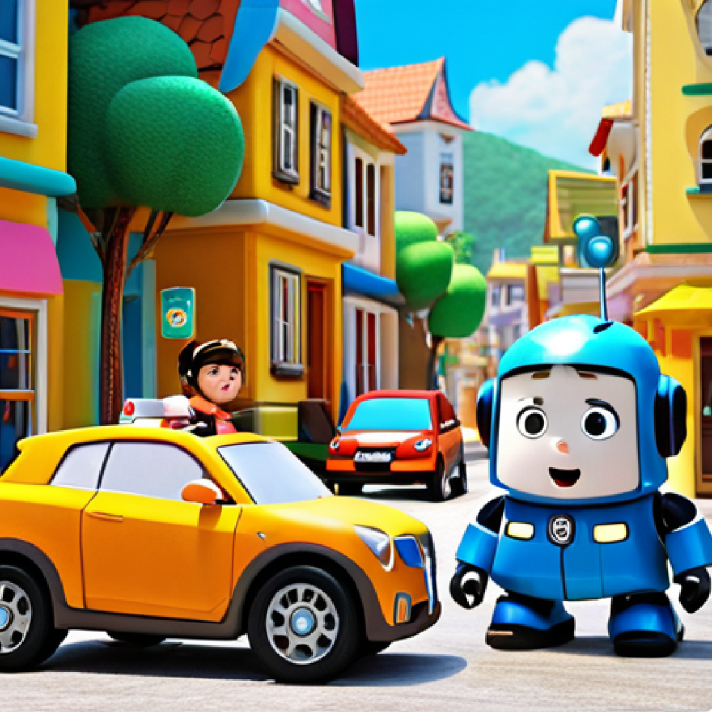 **Prompt:** Robocar Poli and his team (Amber, Roy, Helly) responding to a traffic accident in a brightly colored, stylized town. Children are watching safely from the sidewalk, learning about road safety. The scene should emphasize safety and responsibility.