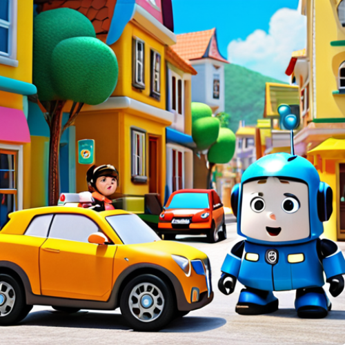 **Prompt:** Robocar Poli and his team (Amber, Roy, Helly) responding to a traffic accident in a brightly colored, stylized town. Children are watching safely from the sidewalk, learning about road safety. The scene should emphasize safety and responsibility.