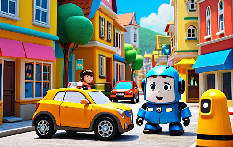 **Prompt:** Robocar Poli and his team (Amber, Roy, Helly) responding to a traffic accident in a brightly colored, stylized town. Children are watching safely from the sidewalk, learning about road safety. The scene should emphasize safety and responsibility.