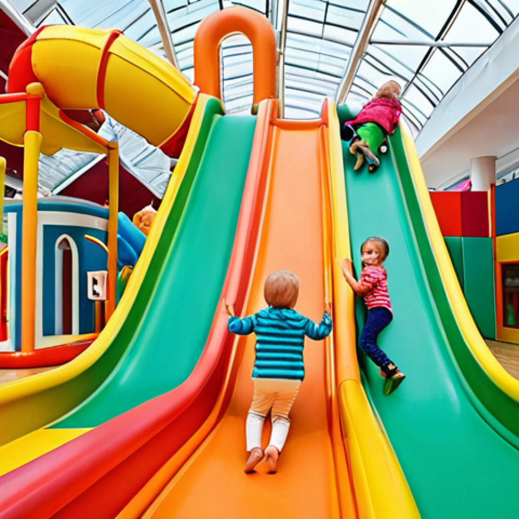 A vibrant and imaginative indoor playland (lekland) in a Scandinavian setting. Focus on children aged 4-10 joyfully engaging in dynamic, creative play. Show them climbing colorful, thoughtfully designed structures, sliding down large slides, and interacting with interactive, sensory elements. The environment should exude boundless imagination and stimulate physical activity, with soft, safe surfaces and bright, inviting colors. Emphasize happy, engaged children fostering social interaction and exploration, reflecting a modern, family-friendly atmosphere.