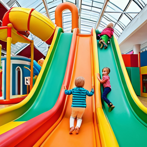 A vibrant and imaginative indoor playland (lekland) in a Scandinavian setting. Focus on children aged 4-10 joyfully engaging in dynamic, creative play. Show them climbing colorful, thoughtfully designed structures, sliding down large slides, and interacting with interactive, sensory elements. The environment should exude boundless imagination and stimulate physical activity, with soft, safe surfaces and bright, inviting colors. Emphasize happy, engaged children fostering social interaction and exploration, reflecting a modern, family-friendly atmosphere.