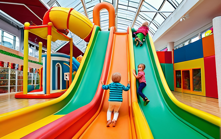 A vibrant and imaginative indoor playland (lekland) in a Scandinavian setting. Focus on children aged 4-10 joyfully engaging in dynamic, creative play. Show them climbing colorful, thoughtfully designed structures, sliding down large slides, and interacting with interactive, sensory elements. The environment should exude boundless imagination and stimulate physical activity, with soft, safe surfaces and bright, inviting colors. Emphasize happy, engaged children fostering social interaction and exploration, reflecting a modern, family-friendly atmosphere.