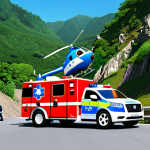 A vibrant and dynamic scene showcasing the entire Robocar Poli rescue team in action within Brooms Town. Poli the police car, Roy the fire truck, Amber the ambulance, and Helly the helicopter are collaboratively working to secure a fallen large rockslide that is blocking a mountain road, demonstrating their collective strength, expert coordination, and seamless communication. The environment is bright and clear, reflecting a safe and efficient emergency response. The image emphasizes the power of teamwork and diverse skill sets coming together for a common goal, presented in a professional and family-friendly manner. safe for work, appropriate content, fully clothed, modest clothing, appropriate attire, professional dress, perfect anatomy, correct proportions, natural pose, well-formed hands, proper finger count, natural body proportions, professional photography, high quality.