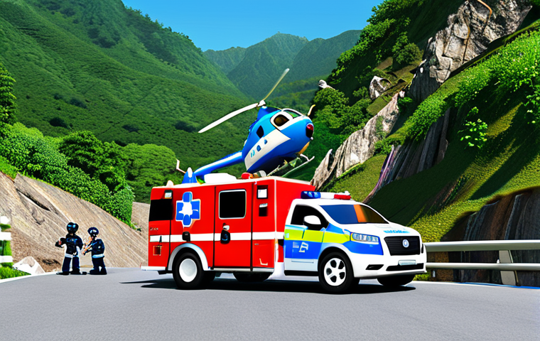 A vibrant and dynamic scene showcasing the entire Robocar Poli rescue team in action within Brooms Town. Poli the police car, Roy the fire truck, Amber the ambulance, and Helly the helicopter are collaboratively working to secure a fallen large rockslide that is blocking a mountain road, demonstrating their collective strength, expert coordination, and seamless communication. The environment is bright and clear, reflecting a safe and efficient emergency response. The image emphasizes the power of teamwork and diverse skill sets coming together for a common goal, presented in a professional and family-friendly manner. safe for work, appropriate content, fully clothed, modest clothing, appropriate attire, professional dress, perfect anatomy, correct proportions, natural pose, well-formed hands, proper finger count, natural body proportions, professional photography, high quality.